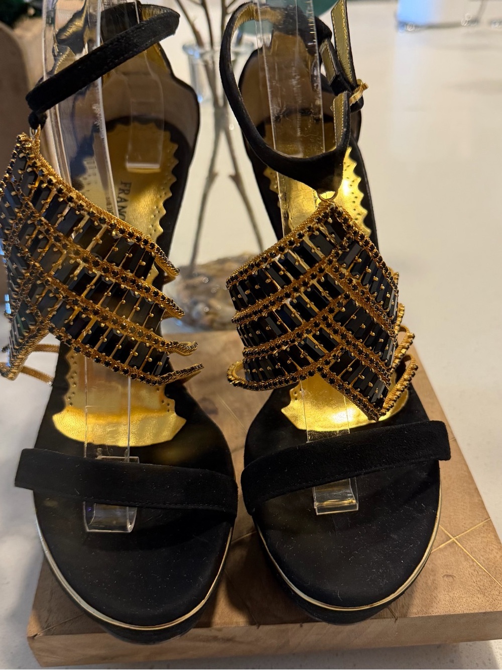🔥RARE FIND! Frances Cosacco Black & Gold Crystal-Embellished Gold Stiletto Heels - Picture 2 of 12
